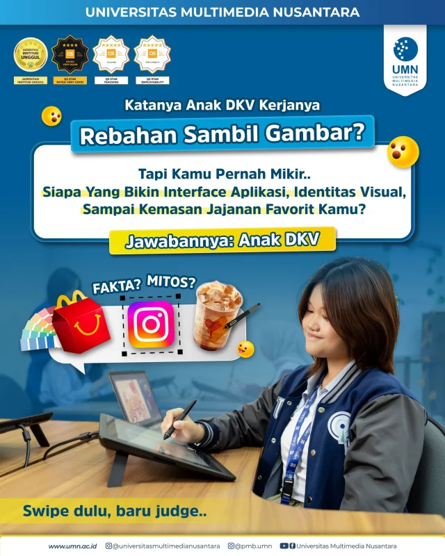 “𝘿𝙆𝙑 𝙞𝙩𝙪 𝙘𝙪𝙢𝙖 𝙜𝙖𝙢𝙗𝙖𝙧, 𝙠𝙖𝙣?”🙂‍↔️❌

Banyak yang masih berpikir begitu. Padahal, dunia Desain Komunikasi Visual (DKV) jauh lebih luas dari sekadar ‘bisa gambar’.

Di balik setiap brand yang kamu ingat, iklan yang bikin kamu tergerak, kemasan produk yang menarik perhatianmu di rak supermarket, hingga antarmuka aplikasi yang kamu buka tiap hari—ada tangan kreatif dari seorang desainer komunikasi visual.

🧠 Anak DKV belajar bagaimana menyampaikan ide lewat visual. Tapi bukan visual sembarangan. Visual yang strategis, yang bisa menyampaikan pesan, membentuk persepsi, dan menggerakkan aksi.

#DKVUMN #KuliahDKV #AnakDKV #ProspekKerjaDKV #DesainKomunikasiVisual #UMN #VisualBranding #InteractionDesign