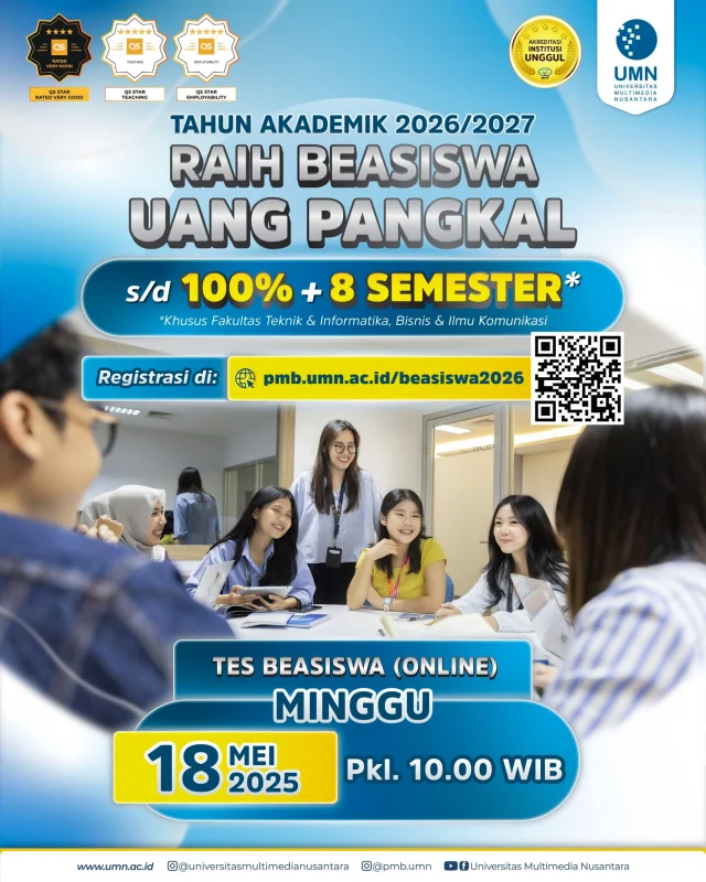 📢𝐒𝐀𝐕𝐄 𝐘𝐎𝐔𝐑 𝐒𝐏𝐎𝐓 𝐍𝐎𝐖! 𝐁𝐄𝐑𝐁𝐔𝐑𝐔 𝐁𝐄𝐀𝐒𝐈𝐒𝐖𝐀 𝐔𝐍𝐓𝐔𝐊 𝐊𝐀𝐌𝐔 𝐘𝐀𝐍𝐆 𝐊𝐔𝐋𝐈𝐀𝐇 𝐃𝐈 𝐓𝐀𝐇𝐔𝐍 𝐈𝐍𝐈‼🥳

Kesempatan✨𝐄𝐌𝐀𝐒✨ buat kamu yang mau masuk kuliah tahun depan ‼TAHUN AKADEMIK 2025/2026‼ Karena UMN akan mengadakan lagi Tes Beasiswa secara online yang bisa kamu ikuti [𝙊𝙉𝙇𝙄𝙉𝙀] loh! Yuk, simak!🧐

𝐀𝐩𝐚 𝐚𝐣𝐚 𝐬𝐢𝐡 𝐤𝐞𝐬𝐞𝐦𝐩𝐚𝐭𝐚𝐧 𝐲𝐚𝐧𝐠 𝐛𝐢𝐬𝐚 𝐤𝐚𝐦𝐮 𝐝𝐚𝐩𝐞𝐭𝐢𝐧 𝐝𝐚𝐫𝐢 𝐓𝐞𝐬 𝐁𝐞𝐚𝐬𝐢𝐬𝐰𝐚 𝐢𝐧𝐢?⭐Beasiswa uang pangkal mulai dari 30-100% + semester 1
⭐Beasiswa uang pangkal mulai dari 30-100% + Full 8 semester (Khusus untuk jurusan Informatika, Sistem Informasi, Teknik Komputer, Teknik Elektro, Teknik Fisika, Akuntansi, Manajemen, D3 Perhotelan, Strategic Communication dan Jurnalistik).
Menarik banget kann??🫵🤩

Yuk, ikutan tes beasiswa UMN yang akan diadakan:

🗓 Minggu, 18 Mei 2025 [ONLINE]
🕦 10.00 WIB s.d. selesai
📝 Materi Tes Beasiswa: Logika, Matematika, dan Bahasa Inggris.
📍 Terdapat tes tambahan khusus untuk:
✍🏻Jurusan Informatika, Teknik Komputer, Teknik Elektro, Teknik Fisika (Tes IPA)
✍🏻Jurusan DKV, Film dan Arsitektur (Tes Gambar)
✍🏻Jurusan Akuntansi dan Sistem Informasi (Tes IPS)
Untuk kamu lulusan 2025/2026 bisa daftar lewat link website 👉𝐛𝐢𝐭.𝐥𝐲/𝐭𝐛𝐮𝐦𝐧𝟐𝟎𝟐5👈
Jalan kaki di pinggir rawa, jangan sampai gak dapet beasiswa! Yuk, daftar sekarang!✨

Kalau kamu masih dilema dan pengen kepoin, langsung DM mimin atau hubungi kontak Line: @tanyaumn ya!🫶

Yuk, melangkah bersama mengawali masa depanmu yang gemilang dengan bergabung di UMN, sekarang!👣👇
————
Instagram: @universitasmultimedianusantara
TikTok: @join.umn
Youtube: Universitas Multimedia Nusantara
Website: www.umn.ac.id

#AgendaUMN #universitasmultimedianusantara #tesbeasiswaUMN #tesbeasiswa #infobeasiswa #beasiswa