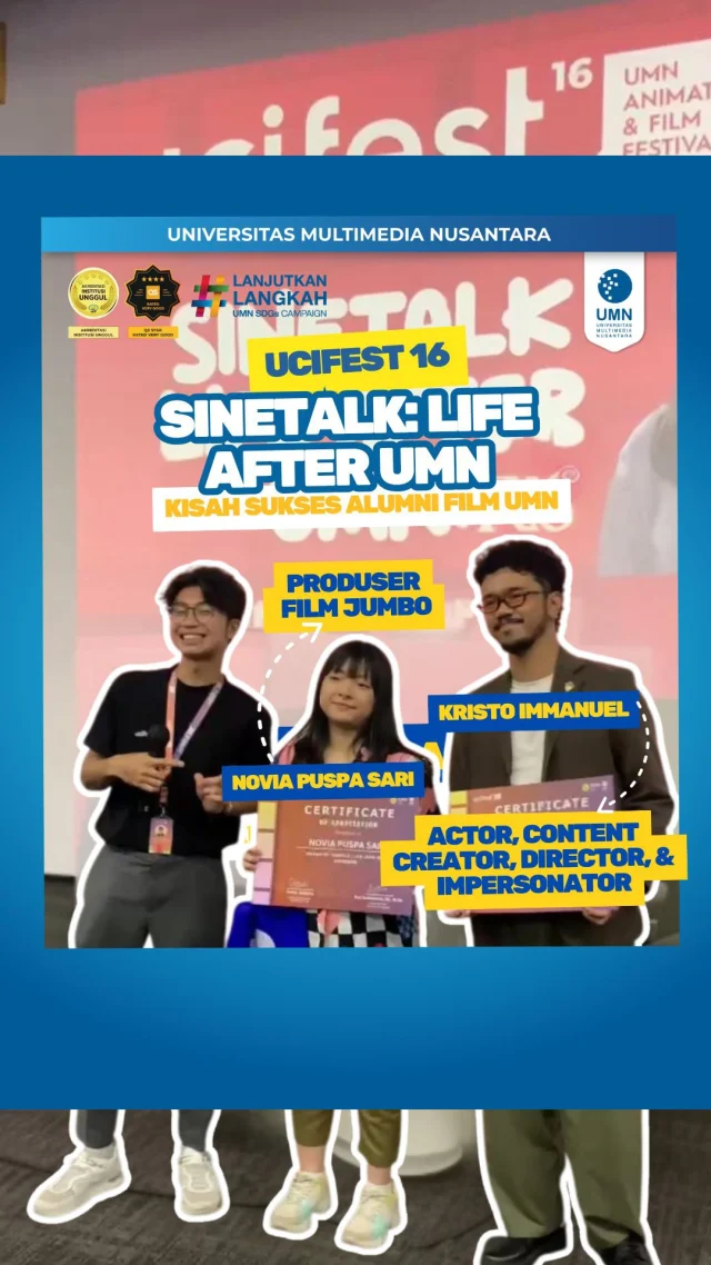🎬 𝐊𝐞𝐦𝐛𝐚𝐥𝐢 𝐒𝐞𝐛𝐚𝐠𝐚𝐢 𝐈𝐧𝐬𝐩𝐢𝐫𝐚𝐬𝐢: 𝐍𝐨𝐯𝐢𝐚 & 𝐊𝐫𝐢𝐬𝐭𝐨 𝐝𝐢 𝐒𝐢𝐧𝐞𝐭𝐚𝐥𝐤 𝐔𝐂𝐈𝐅𝐄𝐒𝐓 𝟏𝟔

Keseruan UCIFEST ke-16 makin lengkap dengan kehadiran dua alumni terbaik UMN: Novia Puspa Sari (Produser Visinema) dan Kristo Immanuel (Aktor & Konten Kreator). Dalam sesi Sinetalk, mereka berbagi cerita jujur dan inspiratif—dari awal kuliah, perjalanan karier, sampai suka duka di industri film dan animasi.

Siapa sangka, gedung kampus berbentuk “telur” bisa jadi titik awal perjalanan menuju layar lebar untuk mereka berdua?🥳🎞

Dari yang sempat ragu memilih jurusan, hingga akhirnya berdiri di balik (dan depan) layar film nasional, mereka buktiin satu hal: mimpi itu bisa banget diwujudkan — asal berani mulai!

Jadi, kamu siap jadi bagian dari cerita besar berikutnya?🫵👀

Yuk, lanjut kuliah Film & Animasi di UMN, tempat kreativitas bertumbuh dan peluang terbuka lebar. Siapa tahu, next kamu yang tampil di UCIFEST berikutnya!🎥

#universitasmultimedianusantara #FilmdanAnimasiUMN #UCIFEST16 #UMNFilm #UMNAnimasi #KristoImmanuel #NoviaPuspaSari #UMNAlumni #KuliahFilm #KuliahAnimasi #CeritaKitaDimulaiDiSini