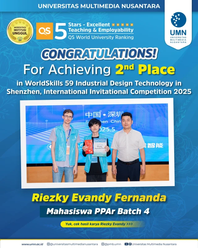 🎉 Selamat untuk Riezky Evandy Fernanda, Mahasiswa PPAr Batch 4 Universitas Multimedia Nusantara, yang berhasil meraih Juara 2 di ajang WorldSkills 59 Industrial Design Technology di Shenzhen, Tiongkok! 🇨🇳

Dengan karya inovatif bertema "Re-envision the tissue box as a bridge between tradition and contemporary life", Riezky sukses memadukan nilai-nilai budaya, kearifan lokal, dan desain modern dalam satu produk yang fungsional dan estetis. 🌿✨

Bangga jadi bagian dari UMN, tempat lahirnya talenta-talenta berkelas dunia! 💙

#universitasmultimedianusantara #LanjutkanLangkah #PendidikanProfesiArsitekUMN  #WorldSkills2025 #DesainProduk #PPArUMN #PrestasiUMN #PrestasiMahasiswaUMN #IndustrialDesign #TissueBoxRedesign